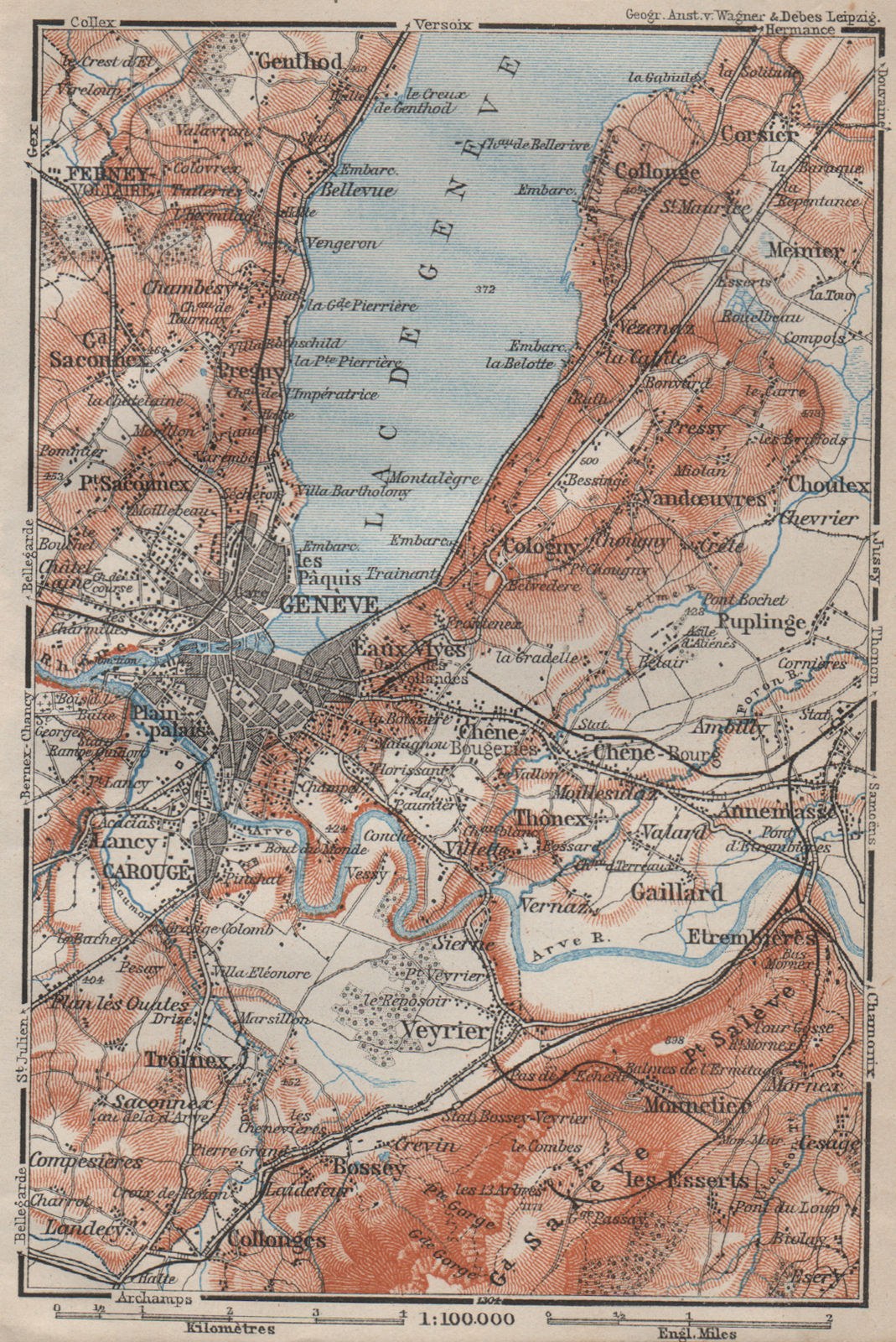 GENEVA GENÈVE GENF ENVIRONS. Switzerland Suisse Schweiz carte karte 1909 map